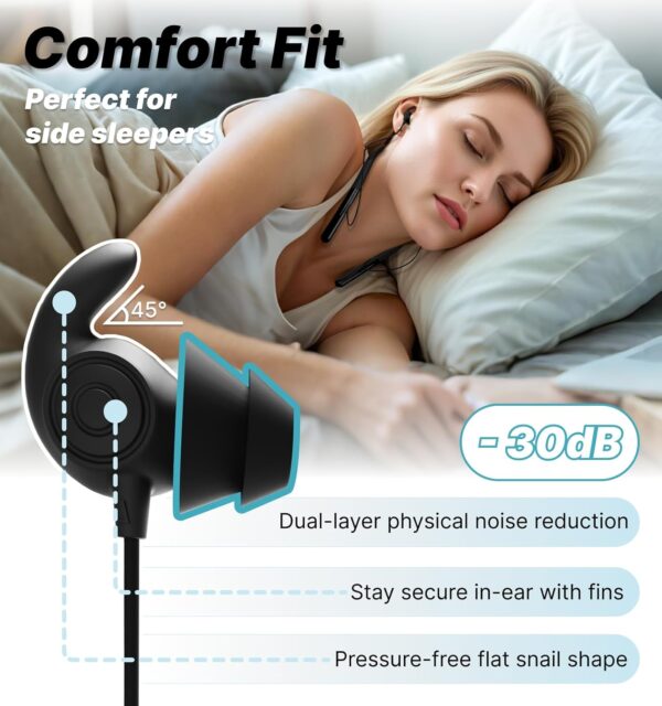 HS88 Sleep Earbuds,Neckband Sleep Headphones Bluetooth 5.4,-30dB Noise Reduce Soft Flat Thin Silicone Earplugs for Side Sleeper,12H Playback, In Ear Earphones for Air Travel,Audio Book,Meditate 2