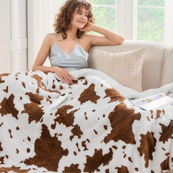 Cow Print Heated Electric Blanket Throw,50X60 Brown Heating Blanket with 10 Heats Levels & 8 Hours Auto Off, Western Highland Cow Decor Stuff Fleece Sherpa Blankets Warmer Gifts for Women Adults 2
