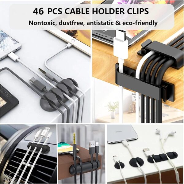192 PCS Cable Management Kit 4 Wire Organizer Sleeve,11 Cable Holder,35Cord Clips 10+2 Roll Cable Organizer Straps and 100 Fastening Cable Ties for Computer TV Under Desk, black,clear 2