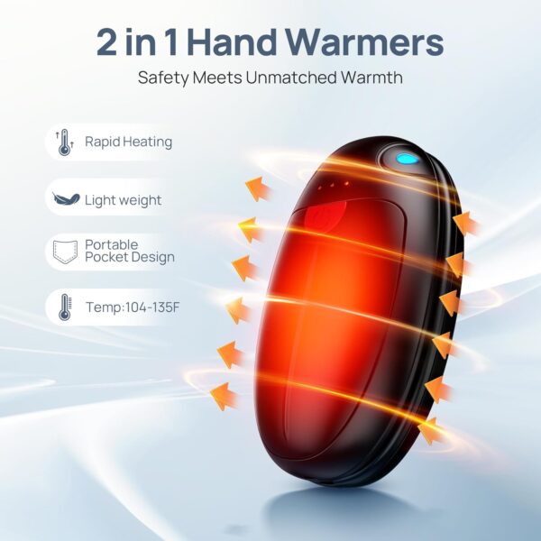 Hand Warmers Rechargeable, 2 Pack Portable Pocket Hand Warmers, 20Hrs Long Heating Double Warm Electric Handwarmers, Reusable Heater for Outdoors, Camping, Hunting, Golf, Fishing 2