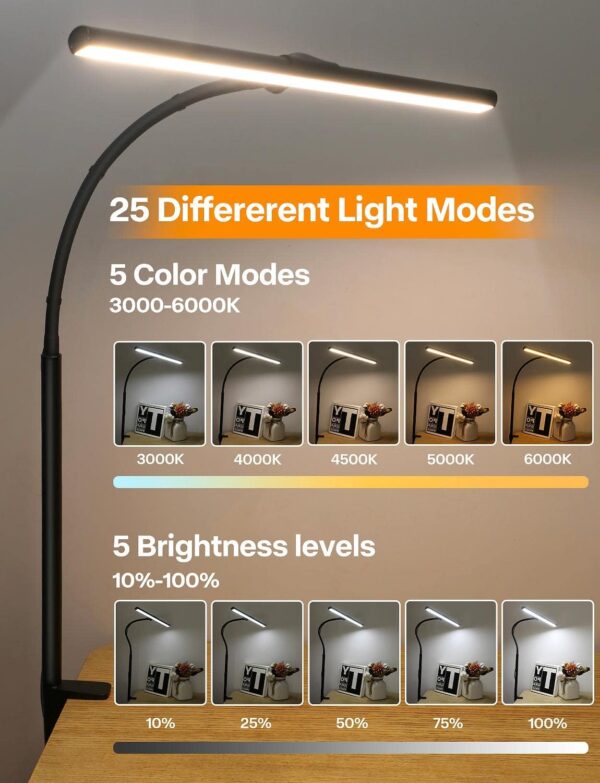 Desk Lamp for Office Home - Eye-Caring Architect Task Lamp 25 Lighting Modes Adjustable LED Desk Lamp Flexible Gooseneck Clamp Light for Workbench Drafting Reading Study 2