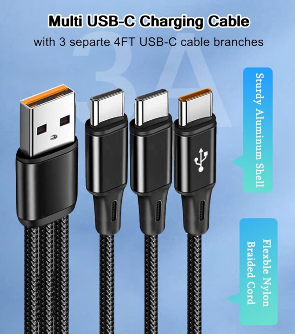 USB to USB C Multi Charging Cable 3-in-1, 60W USB C Splitter Cable with 3 Separate 4FT Type C Cable Branches Nylon Braided, Type-C Charger Cord Fast Charging for Apple and Android Devices 2