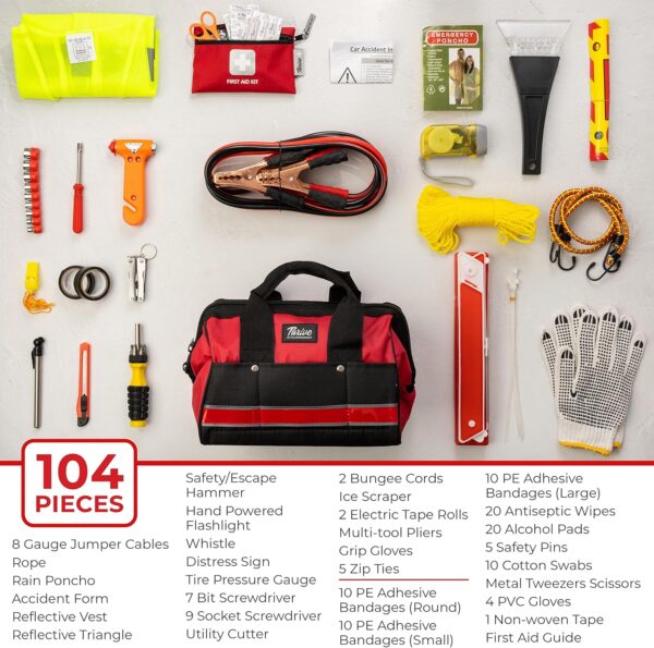 Car Emergency Kit & Roadside Emergency Car Kit - 104-Piece Set, Red Canvas Bag, Universal Fit - Jumper Cables, Escape Hammer & Tire Gauge - Road Trip Essentials & Emergency Supplies 2