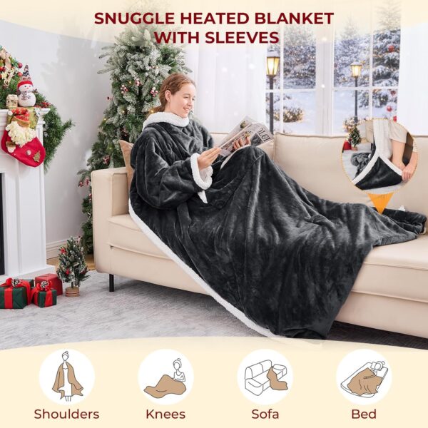 JOLLYVOGUE Wearable Heated Blanket - Heating Electric Blanket with Sleeves & Foot Pocket, Heated Throw for Adult, Birthday Gifts with 7 Heat Settings & fixed 4h Auto Shut-off (50*70 Inch, Dark Grey) 3