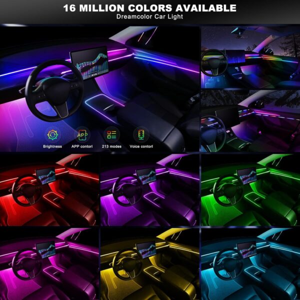 Dreamcolor Acrylic Interior Car LED Strip Light with Wireless APP, RGB 10 in 1 with 175 inches 612 LEDs Fiber Optic Car Ambient Lighting Kits, Dynamic Chasing Music Sync Neon LED Strip Lights for Car 2