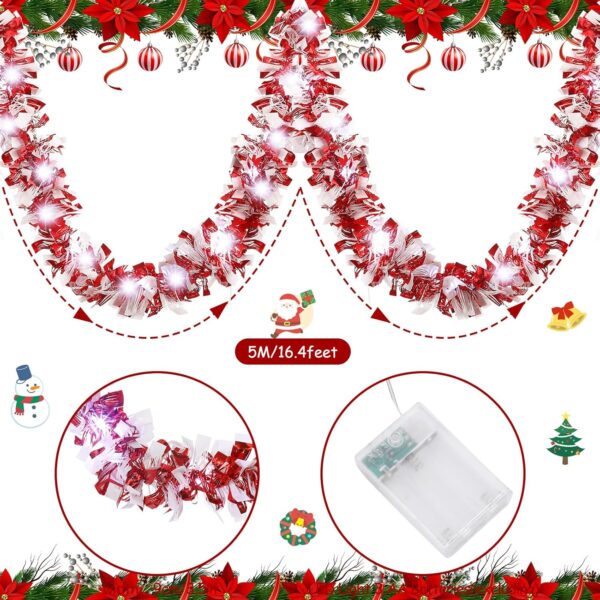 16.4 ft Christmas Tinsel Garland Lighted Metallic Twist Garland with 50 LED Lights Hanging Prelit Xmas Battery Operated Foil Tinsel for Christmas Tree Party Mantel 2