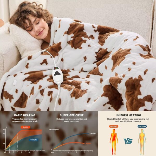 Cow Print Heated Electric Blanket Throw,50X60 Brown Heating Blanket with 10 Heats Levels & 8 Hours Auto Off, Western Highland Cow Decor Stuff Fleece Sherpa Blankets Warmer Gifts for Women Adults 3
