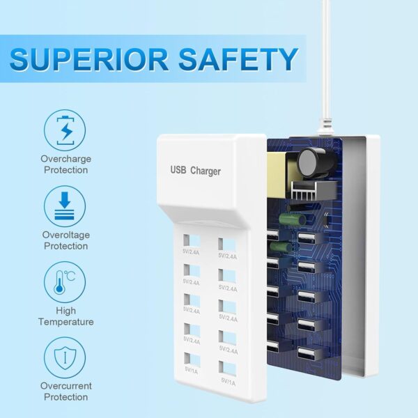 QIONMAR USB Wall Charger USB Charging Station for Multiple Devices USB Charger 10-Ports Power Hub Strip Smart Plug Charging Dock Charge Block Compatible with iPhone 15,iPod,Galaxy S Smart Phones 3