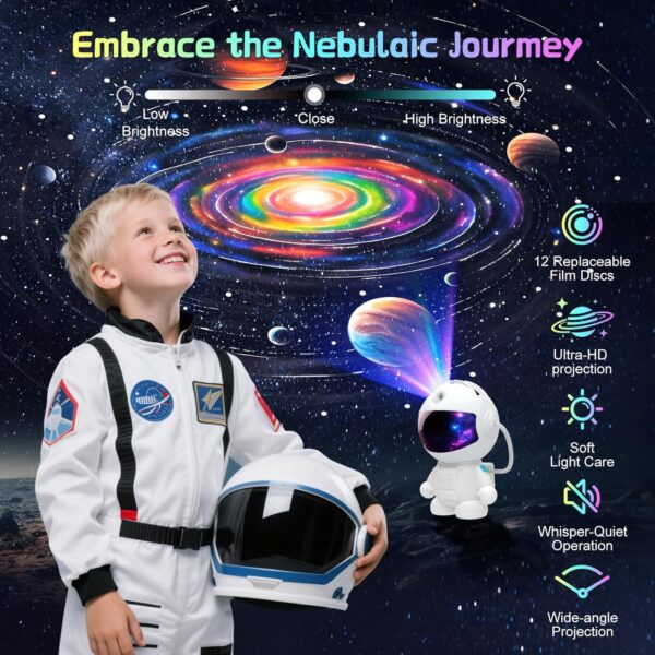 Space Galaxy Night Light Projector, Ultra-HD Astronaut Design, 12 Film Discs, LED Display with Adjustable Brightness 3