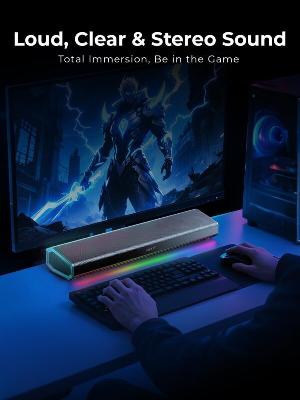 Computer Speakers for Desktop PC, Bluetooth 5.3 Pc Soundbar with Dynamic LED Light, HiFi Stereo, Poratble Bluetooth Speaker, Gaming Speakers for PC, Laptop,Tablet 3