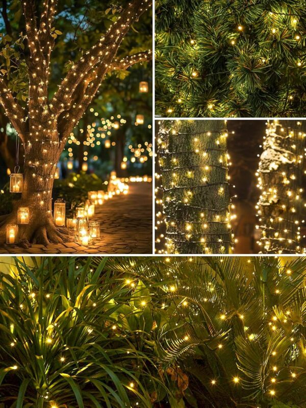 2 Pack 200 LED Solar String Lights for Outside, Solar Christmas Lights Outdoor Waterproof, Solar Outdoor String Light with 8 Lighting Modes for Xmas Tree Wedding Party Garden Decorations (Warm White) 3