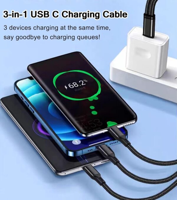 USB to USB C Multi Charging Cable 3-in-1, 60W USB C Splitter Cable with 3 Separate 4FT Type C Cable Branches Nylon Braided, Type-C Charger Cord Fast Charging for Apple and Android Devices 3