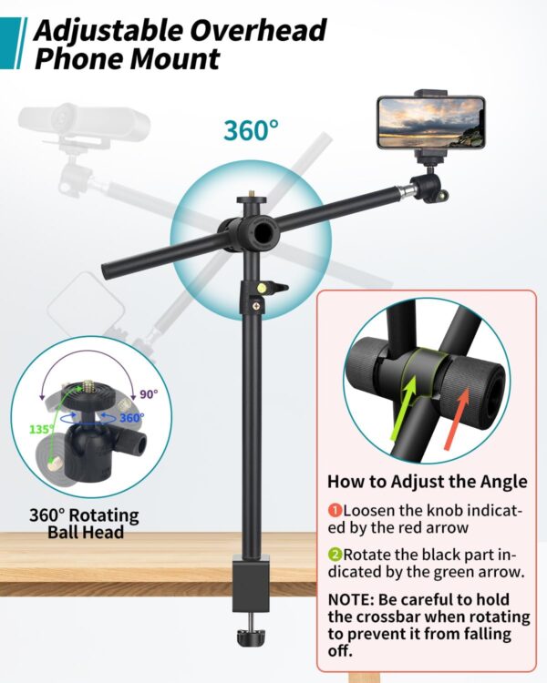Overhead Camera Mount Desk Stand, Camera Arm Desk Mount Clamp Stand with 360°Adjustable Magic Arm, Webcam Arm Mount Stand w Ballhead Phone Mount for Desk Logitech Microphone Video Light Cell Phone 3