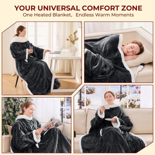 JOLLYVOGUE Wearable Heated Blanket - Heating Electric Blanket with Sleeves & Foot Pocket, Heated Throw for Adult, Birthday Gifts with 7 Heat Settings & fixed 4h Auto Shut-off (50*70 Inch, Dark Grey) 4