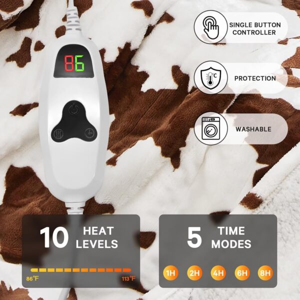 Cow Print Heated Electric Blanket Throw,50X60 Brown Heating Blanket with 10 Heats Levels & 8 Hours Auto Off, Western Highland Cow Decor Stuff Fleece Sherpa Blankets Warmer Gifts for Women Adults 4
