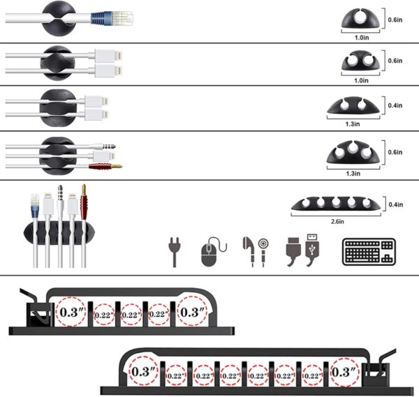 192 PCS Cable Management Kit 4 Wire Organizer Sleeve,11 Cable Holder,35Cord Clips 10+2 Roll Cable Organizer Straps and 100 Fastening Cable Ties for Computer TV Under Desk, black,clear 4