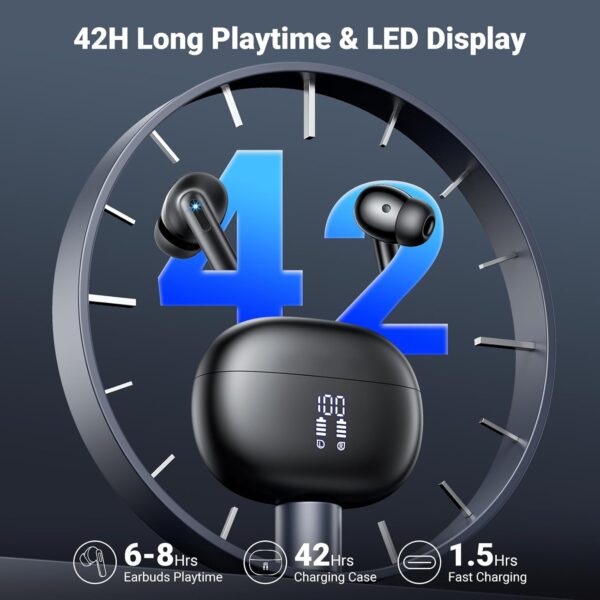 Wireless Earbuds,2025 Bluetooth 5.3 Bass Stereo Headphones with 4 ENC Mic,42H Playtime Ear Buds with Charging Case LED Display,Sport Earphones IPX7 Waterproof for iPhone, Android, Pad, Sports and Work 4