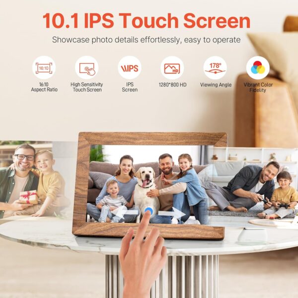 Frameo 10.1" Digital Picture Frame with 32GB Memory WiFi Electronic Photo Frame Wood 1280 x 800 IPS Touch Screen Auto-Rotate Slideshow Wall Mountable Share Photos/Video Remotely Anywhere 4