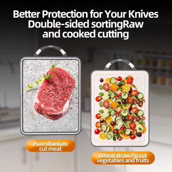 Titanium Cutting Board – Double Sided Chopping Boards for Kitchen with Juice Groove, Pure Titanium and Wheat Straw PP, Easy Clean Surface, Ideal for Meat Vegetables & Family Cooking 14" x 10" 4