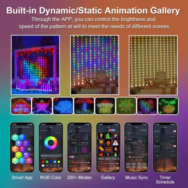 Smart Animated Curtain String Lights Remote APP Control 6.6 x 6.6Ft 400LED RGB Color Changing Waterproof DIY Hanging Window Fairy Light Programmable Music Sync for Christmas,Halloween,4th of July 4