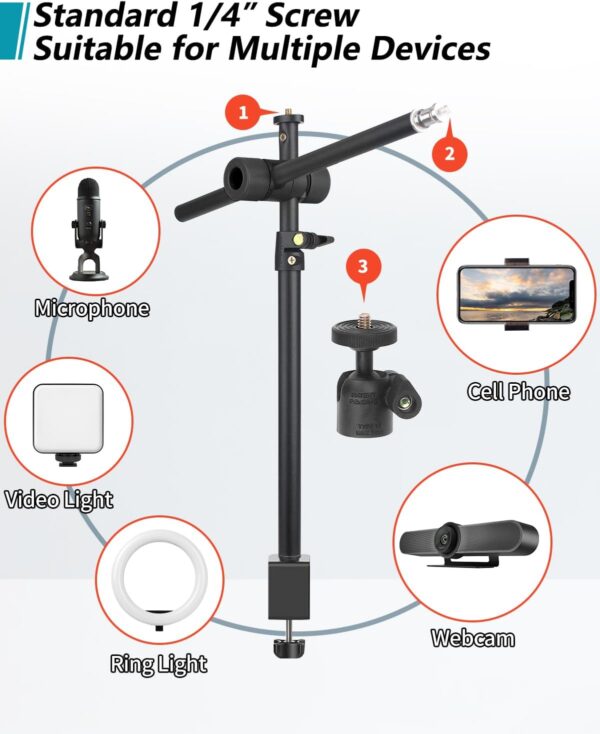 Overhead Camera Mount Desk Stand, Camera Arm Desk Mount Clamp Stand with 360°Adjustable Magic Arm, Webcam Arm Mount Stand w Ballhead Phone Mount for Desk Logitech Microphone Video Light Cell Phone 2