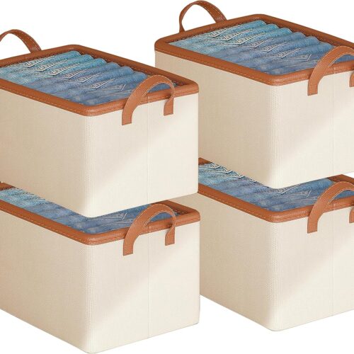 4 Pcs Closet Clothes Organizer with Handle, Fabric Storage Bins with Metal Frame Closet Shelf Storage Baskets Foldable Wardrobe Storage Box for Sweater Jeans, 20L (4 White)