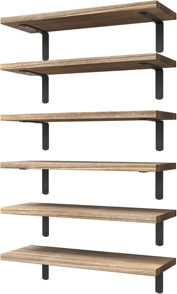 Wood Floating Shelves Set of 6, Shelves for Wall Decor, Farmhouse Shelf for Bedroom, Bathroom Storage Shelves, Book Shelves for Living Room - Rustic Brown 1