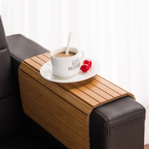 Sofa Arm Tray Table - Flexible/Foldable Couch Arm Table Perfect for Drink & Snacks Great Armrest Tray (16.5" L x 13.25" W x 0.35" H, Natural Bamboo)