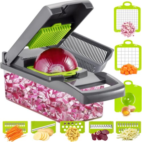 Vegetable Chopper Onion Cutter, 12 in 1 Professional Mandoline Slicer for Kitchen, Multifunctional Food Chopper for Potato, Tomato, Veggie with Strainer Basket, 8 Blades, Gray