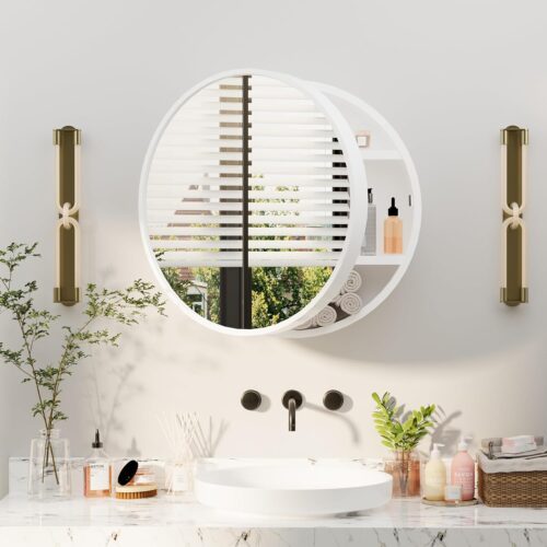20 Inch Round Medicine Cabinet Mirror, Bathroom Mirror Wall Cabinet with Storage and Shelf, Surface Wall Mounted,Arched Cabinet Makeup Vanity Mirror for Bedroom, White