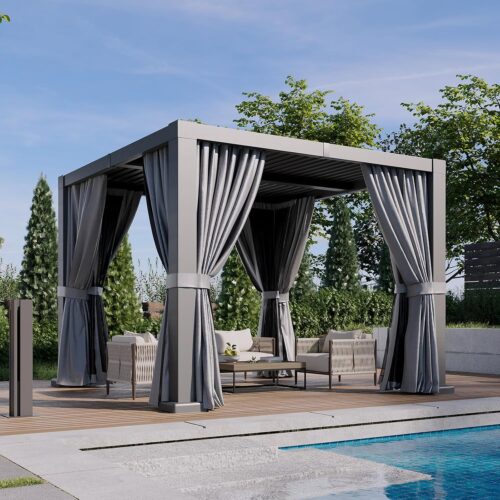 Pergola 10' x 10' Outdoor Aluminum Pergola Adjustable Roof, with Waterproof Curtains and Nets, for Decks, Gardens, Gray