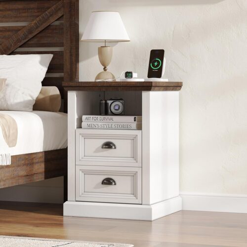 Farmhouse Nightstand with Charging Station, Night Stand with Drawers,End Table with Open Shelf, Bedside Table with USB Ports & Outlets, Distressed White