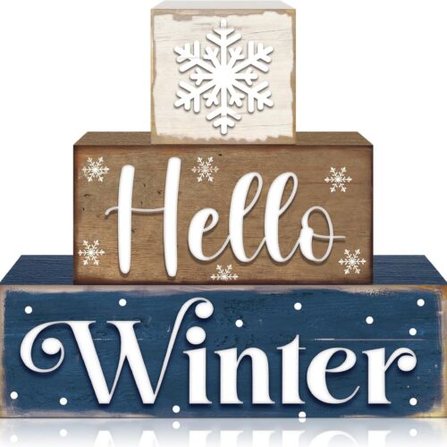 3 Pcs Winter Let It Snow Tiered Tray Decor Table Sign Winter Theme Wood Decorations Centerpiece Decor for Party Gift Desk(Snowflake Style)
