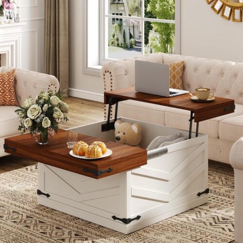 31.5'' Lift Top Coffee Table, Sliding Top Square Center Table with Large Hidden Storage Organizer, Multi-Functional Farmhouse Coffee Tables for Living Room, Bedroom, Home Office, White