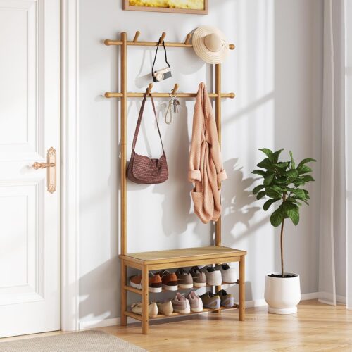 3-in-1 Hall Tree with Bench and Shoe Storage, Bamboo Coat Rack Freestanding w/PE Rattan Bench, 11 Hanging Rods, 3 Tier Shoe Rack, Narrow Mudroom Storage Organizer for Entryway Bedroom,Natural