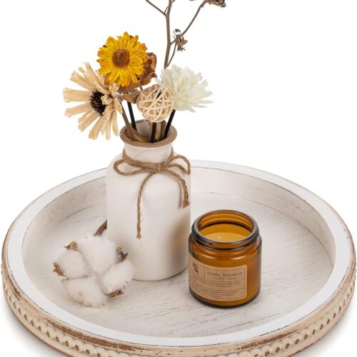 ound Wooden Decorative Tray: White Washed Bead Tray Decor for Coffee Table Centerpiece Rustic Farmhouse Tray for Kitchen Counter Living Room