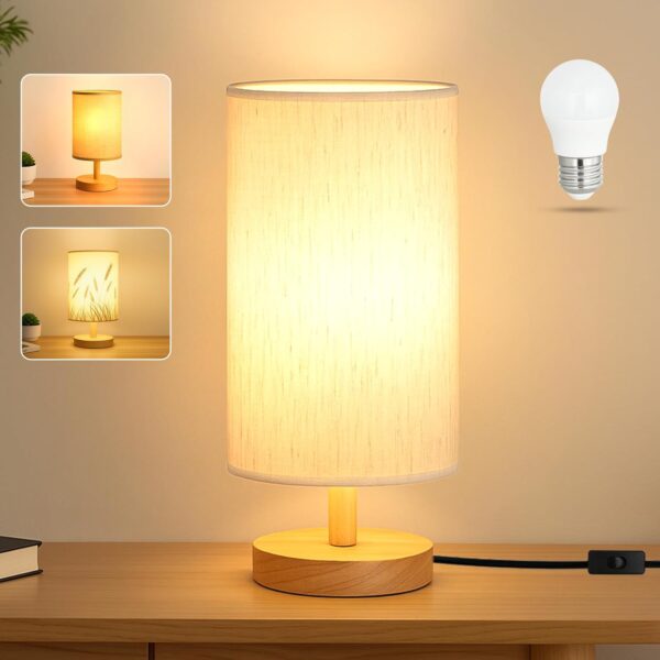 Desk Lamp LED Bulb Included, Small Bedside Table Lamp Plug-in - Classic Wood Base with Flaxen Fabric Shade, Lamps for Night Stands, Simple Nightstand Light for Bedroom, Office, Desk 1