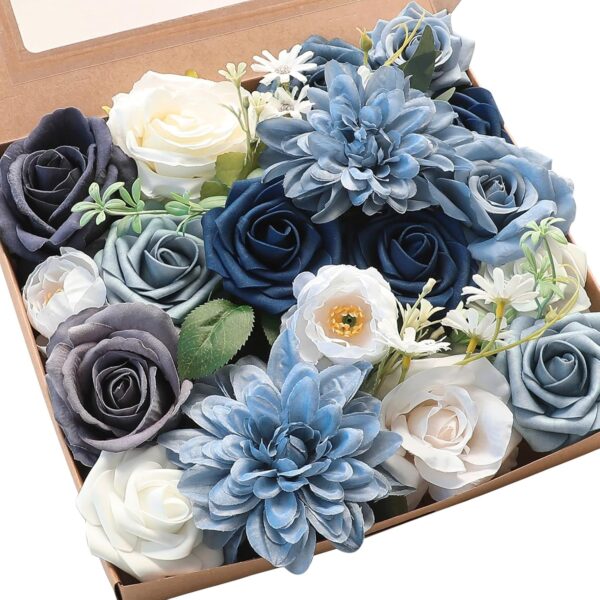 Dusty Blue Navy Artificial Flowers Fake Roses Peonies Dahlias and Greenery Combo Box Set for DIY Wedding Bouquets 1