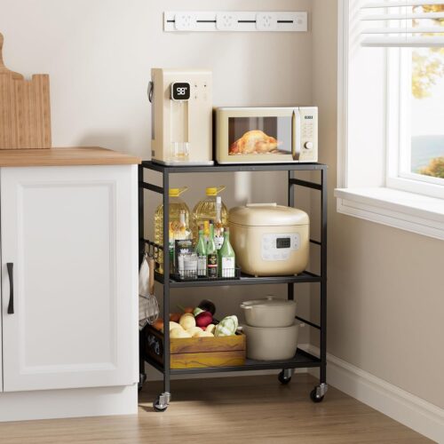 3-Tier Kitchen Cart with Adjustable Shelves - Microwave Storage Cart & Utility Rolling Organizer, Industrial Wheels for Small Spaces, 15.7"x23.6"x33.7"