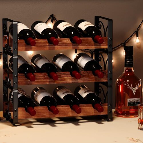 Wine Rack Countertop, 3-Tier 12 Bottles Small Wine Rack Stackable for Inside Cabinet, Solid Wood & Wrought Iron Wine Bottle Holder, Wine Storage Shelf for Kitchen Bar Dining Room