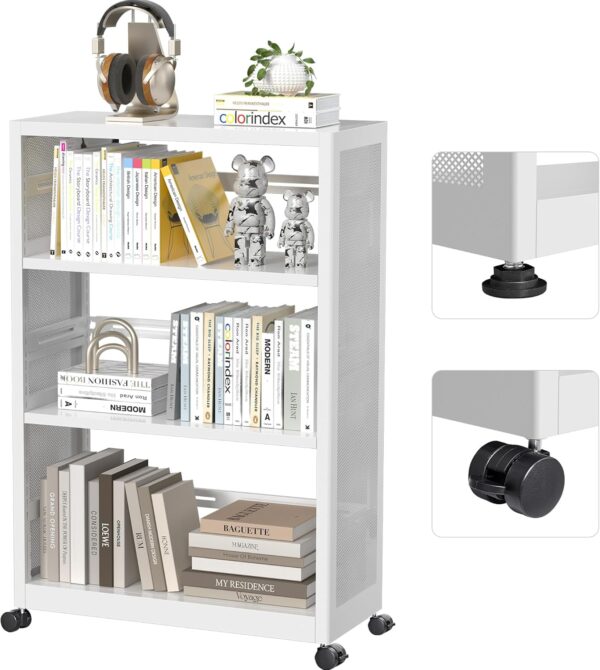 Mobile 3 Tier Bookshelf, Metal 3 Shelf Bookcase on Wheels, Heavy Duty Book Shelf for Small Space, Book Case for Home Office, Living Room, School, Assembly Required, White 1