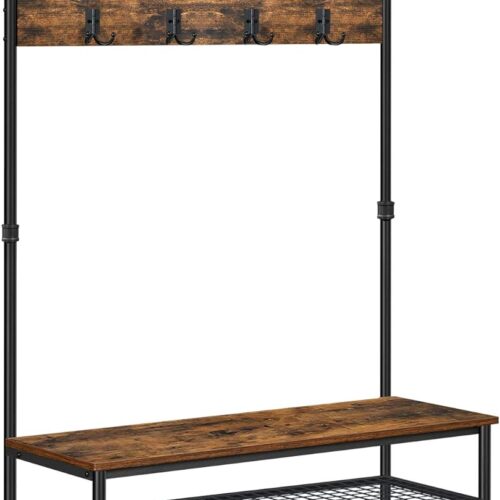 DAINTREE 3-in-1 Entryway Coat Rack and Storage Bench, Pipe Style Hall Tree with 9 Hooks, Multifunctional, Sturdy Steel Frame, Large Size, Industrial
