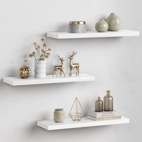 White Floating Shelves for Wall Decor, 24 Inches Long Wall Shelves for Bedroom Storage, Large Deep Hanging Shelves for Bathroom Office Laundry Living Room Book Kitchen Closet -Set of 3