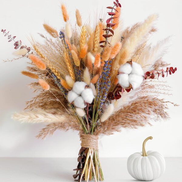 Fall Dried Flower Bouquet – Boho Fall Decor with Pampas Grass, Cotton, and Orange Bunny Tails – Autumn Floral Arrangement for Home, Mantel, or Vase – Fall Decorations for Home Indoor & Porch 1