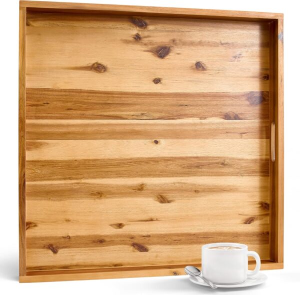 24 Inch Acacia Wood Ottoman Tray - Wooden Square Serving Tray with Handles - Extra Large Food Serving Trays for Decorative, Coffee Table, Breakfast in Bed - Charcuterie Trays Use for Kitchen 1