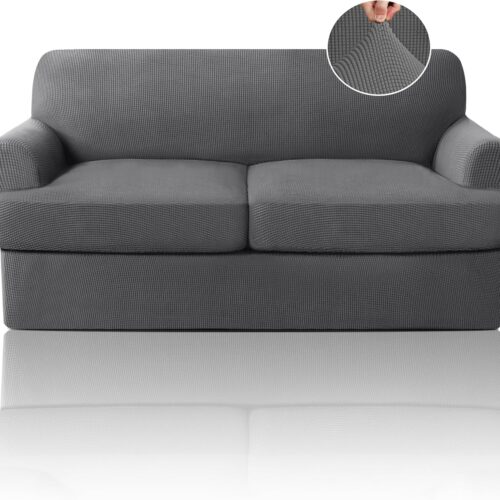 T Cushion Loveseat Slipcover 3 Pieces Sofa Covers for T Cushion Sofa Stretch Sofa Covers for 2 Cushion Couch with 2 Individual T Shape Seat Covers Width Up to 76"- Washable, Grey