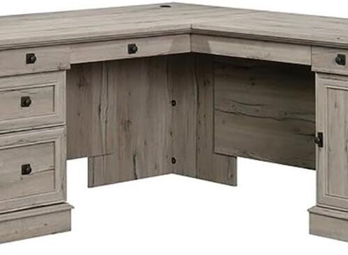 65" x 69" Contemporary Engineered Wood L-Shaped Desk with Storage, Drawers, Flip-Down Panel, Grommet Holes, for Home Office/Workspace, in Split Oak Finish