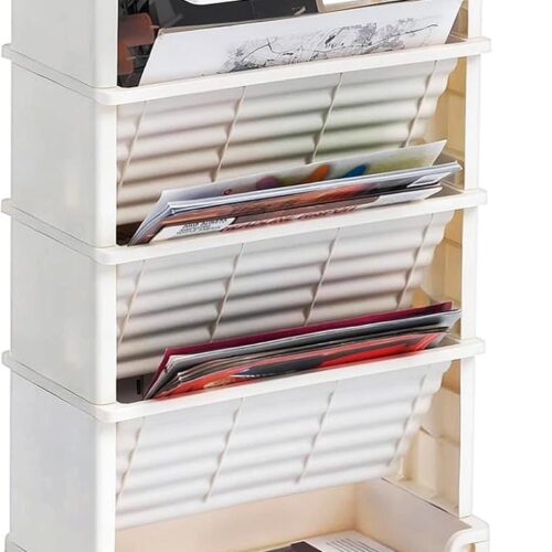 5 Tier Rolling Utility Cart, Book Cart with Wheels, Office Book Carts with Divided Top Shelf for Organizing Books and Supplies in Home, Office, Classroom, White