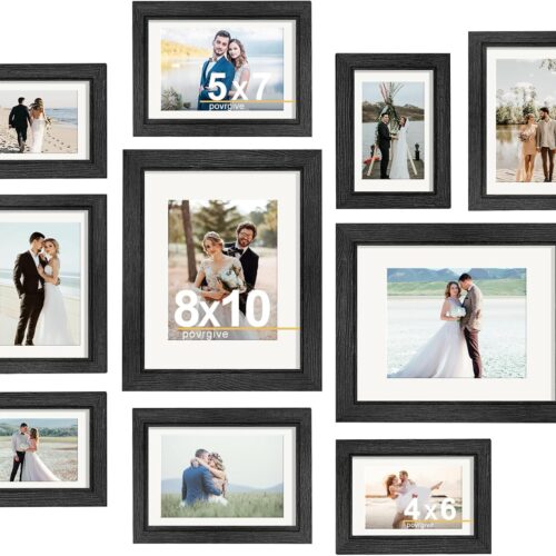 Picture Frames Set of 10-8x10, 5x7, 4x6 Photo Frames, Gallery Frame Set for Collage Wall Decor, Wood Frame with Glass Front and Mat Options for Wall and Tabletop Display, Black