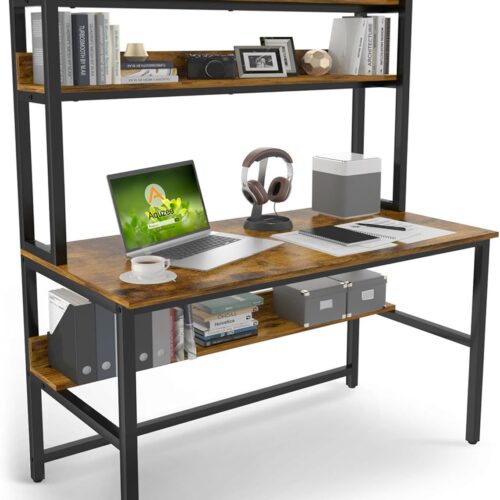 Computer Desk with Hutch, 47“W x 23.6" D Desk with Shelves, Tall Home Office Desk with Bookshelf, Metal Legs Study Table with Upper Storage Shelf for Study Writing/Workstation